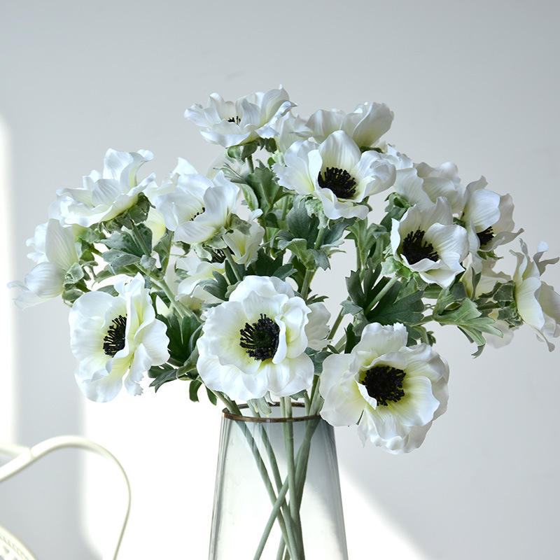 Artificial White Anemone Flower Stem, Faux Black Centre Windflower