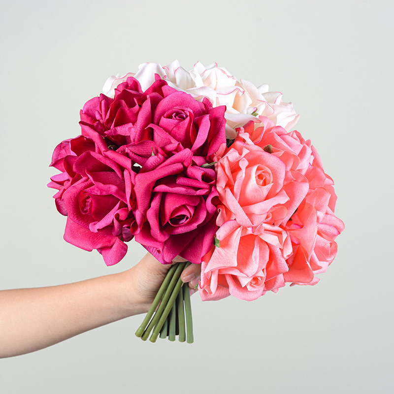 Fuchsia Mixed Artificial Rose Bouquet, Silk Rose Bunch Wedding Home Decoration