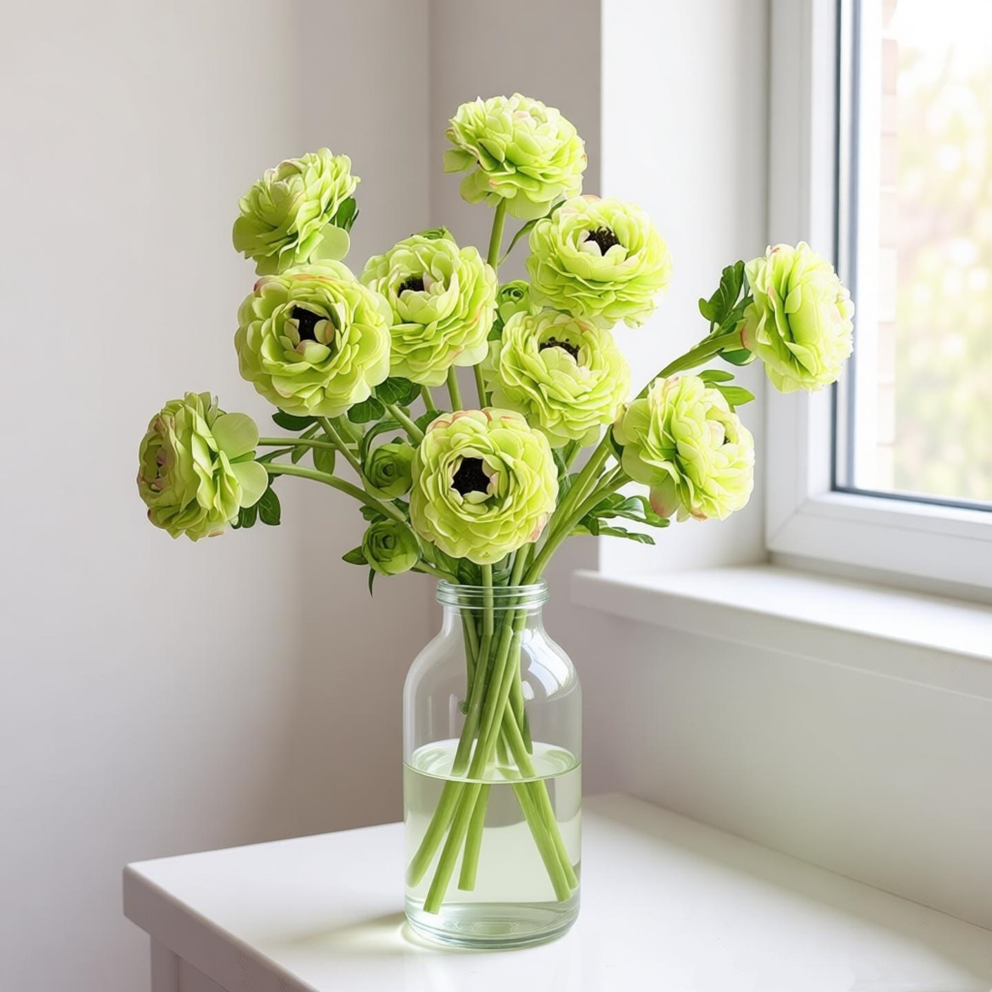 Green Artificial Ranunculus Flowers, Silk Persian Buttercup Stems Home Window Decor