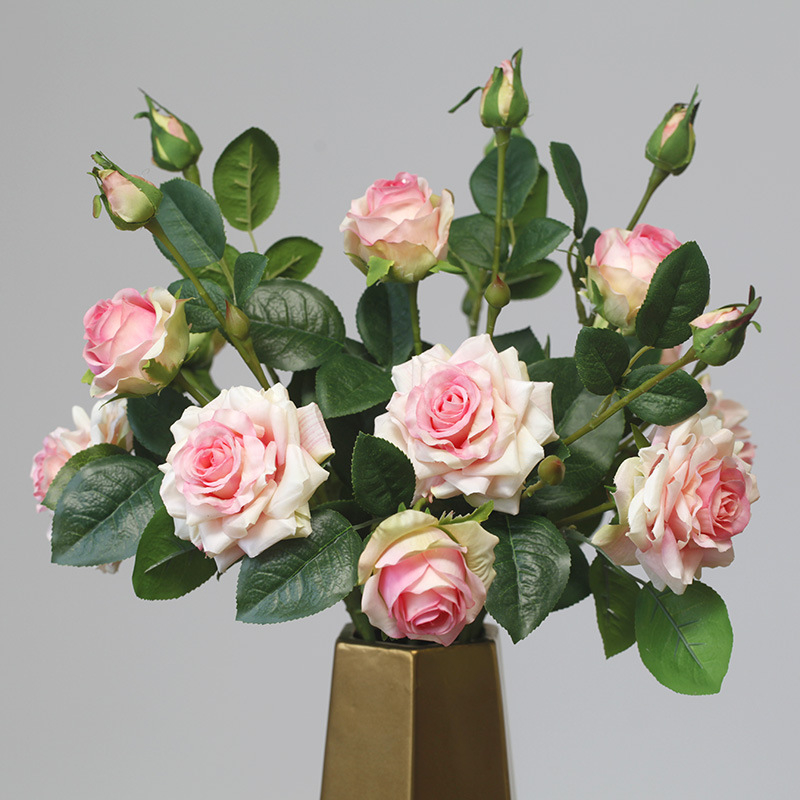 Pink Gradient Artificial Roses, Faux Rose Bush Stem for Home Floral Decor