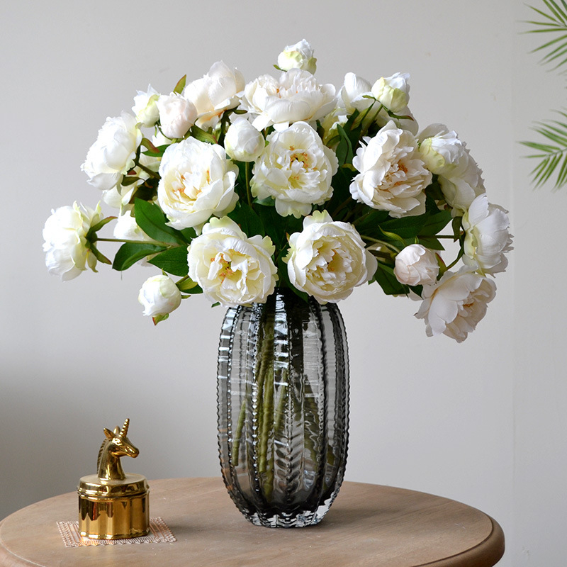 Realistic Artificial White Peony Bouquet, Faux Peony Flower Stems