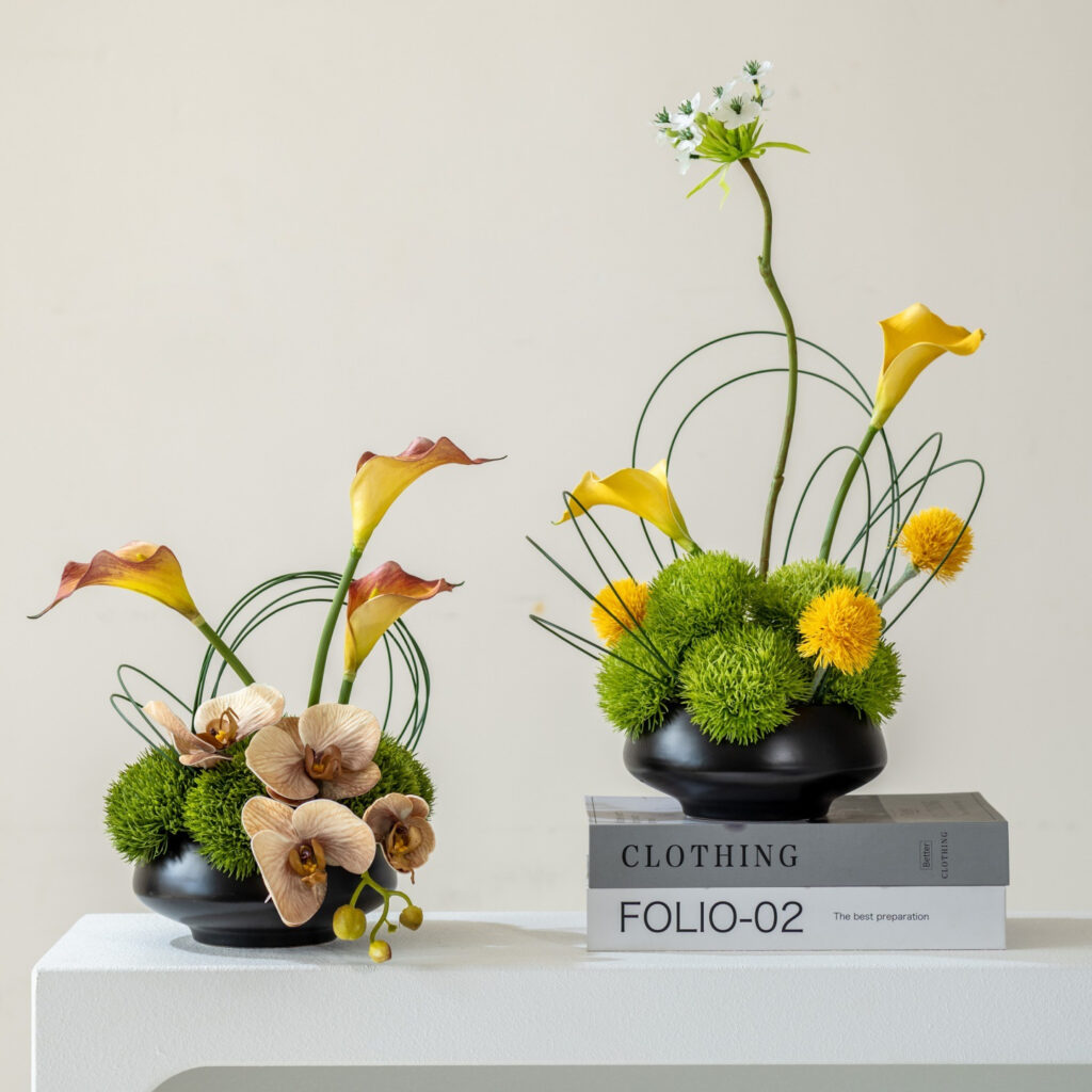 Set of 2 Modern Artificial Floral Arrangement in Black Ceramic Pots, Table Centerpiece Decor