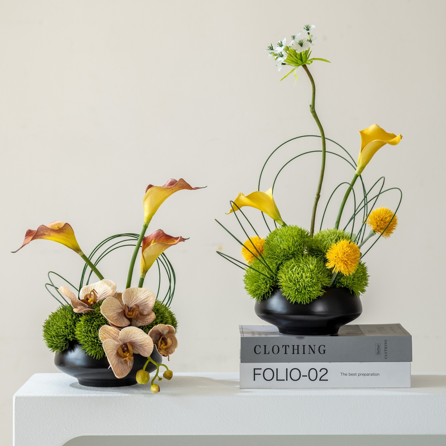 Set of 2 Modern Artificial Floral Arrangement in Black Ceramic Pots, Table Centerpiece Decor