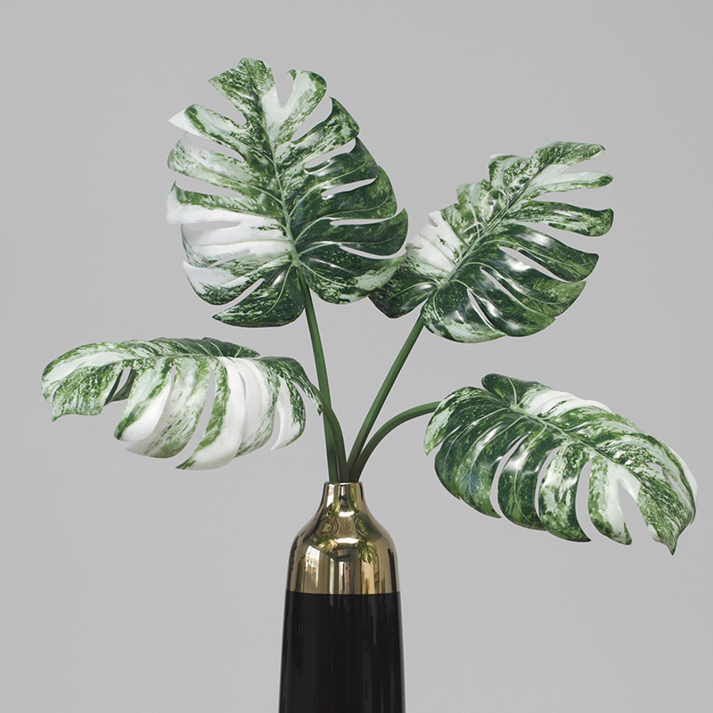 Variegated Artificial Monstera Leaf Stem, Faux Albo Variegata Monstera Foliage