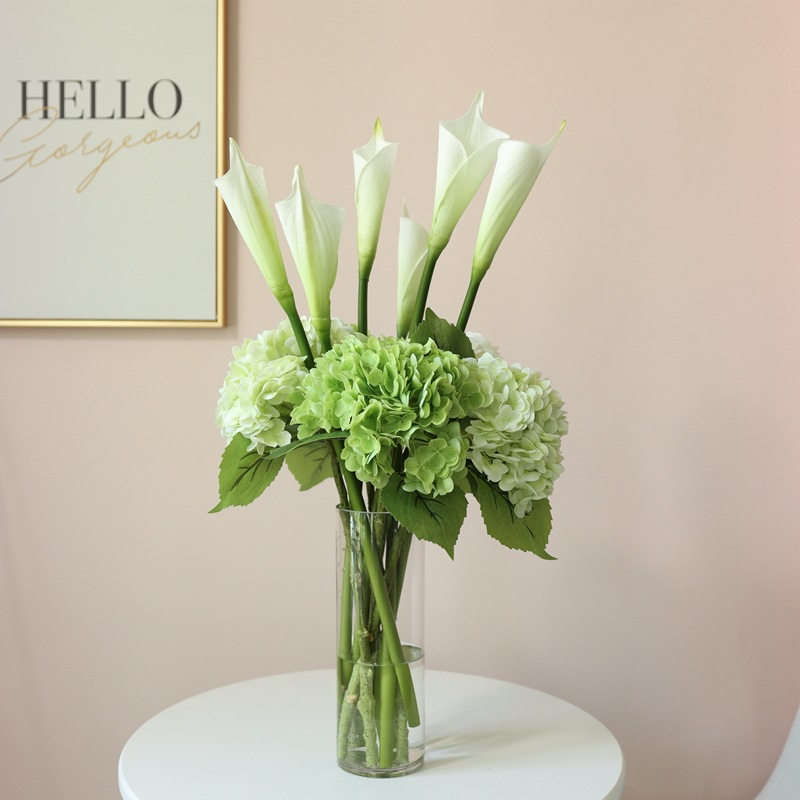 Artificial Calla Lily and Green Hydrangea Bouquet Arrangement, White Calla Lily with Silk Hydrangea for Home Decor