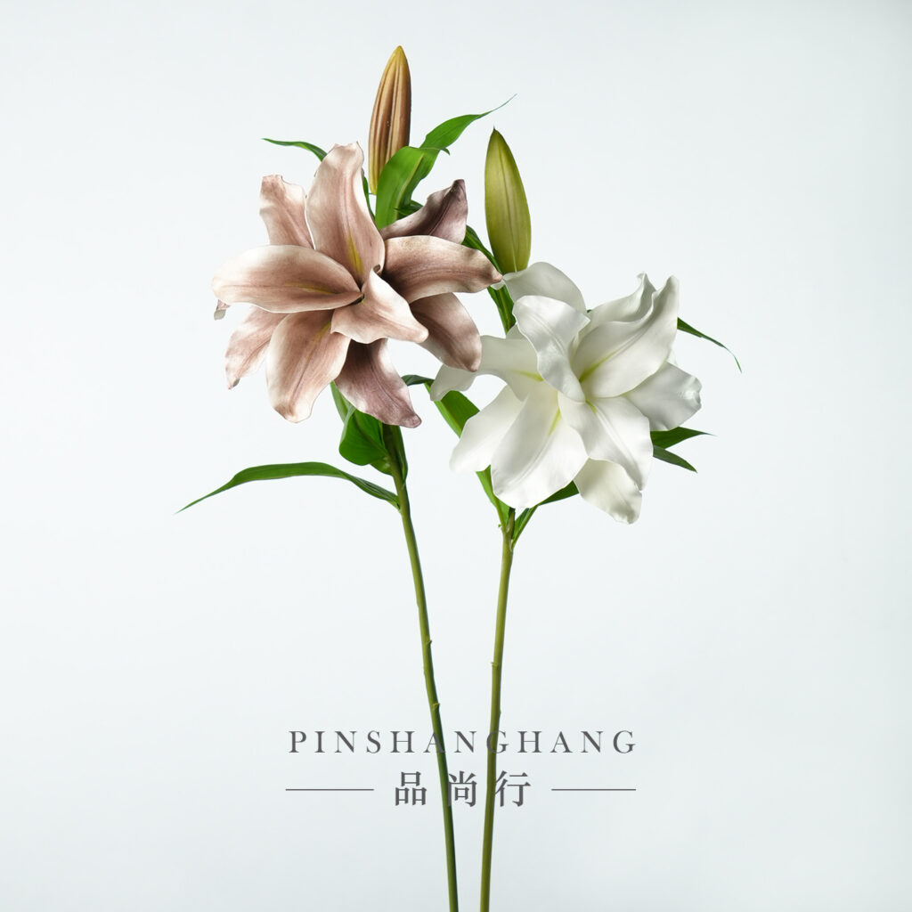 Artificial Double Lily Stem, Faux Mocha White Two-Tone Double Bloom Lily
