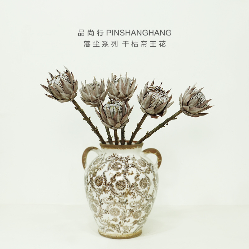 Artificial Dried Look Protea King Flower, Faux Beige Vintage Stem for Rustic Decor