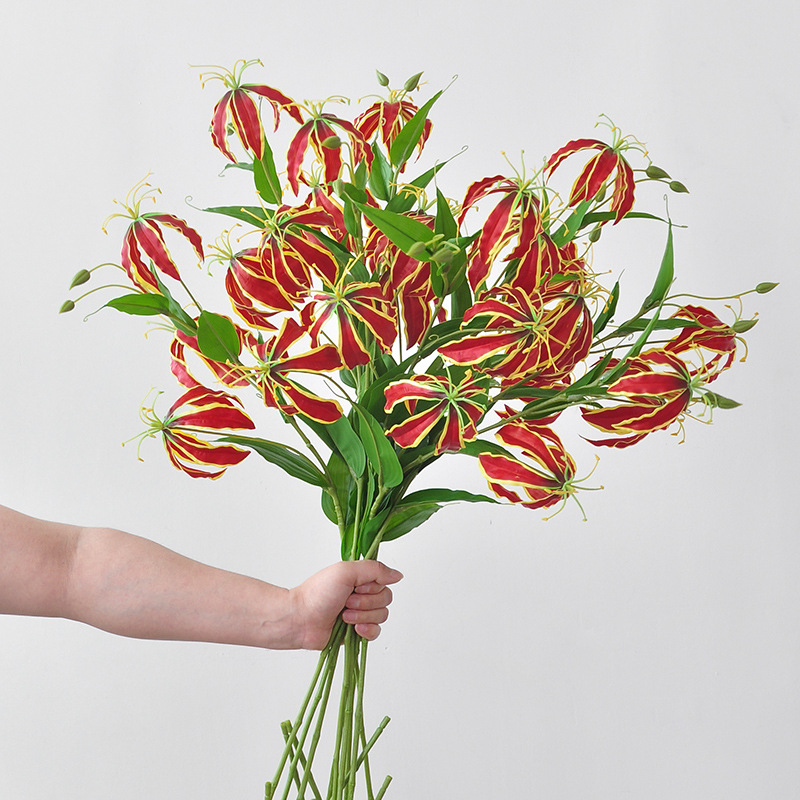 Artificial Gloriosa Superba Stems, Faux Flame Lily Red Tropical Wedding Flower