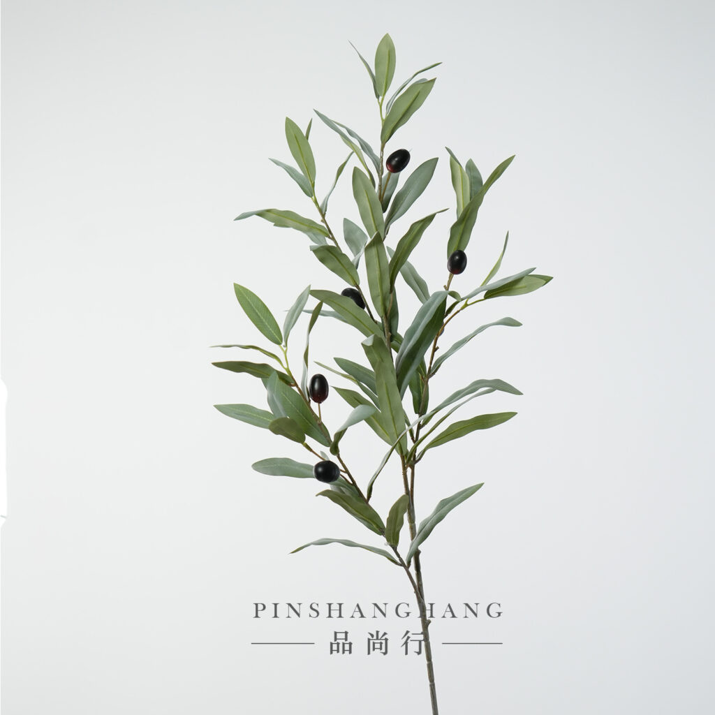 Artificial Olive Branch with Black Fruits, Faux Mediterranean Greenery Stem