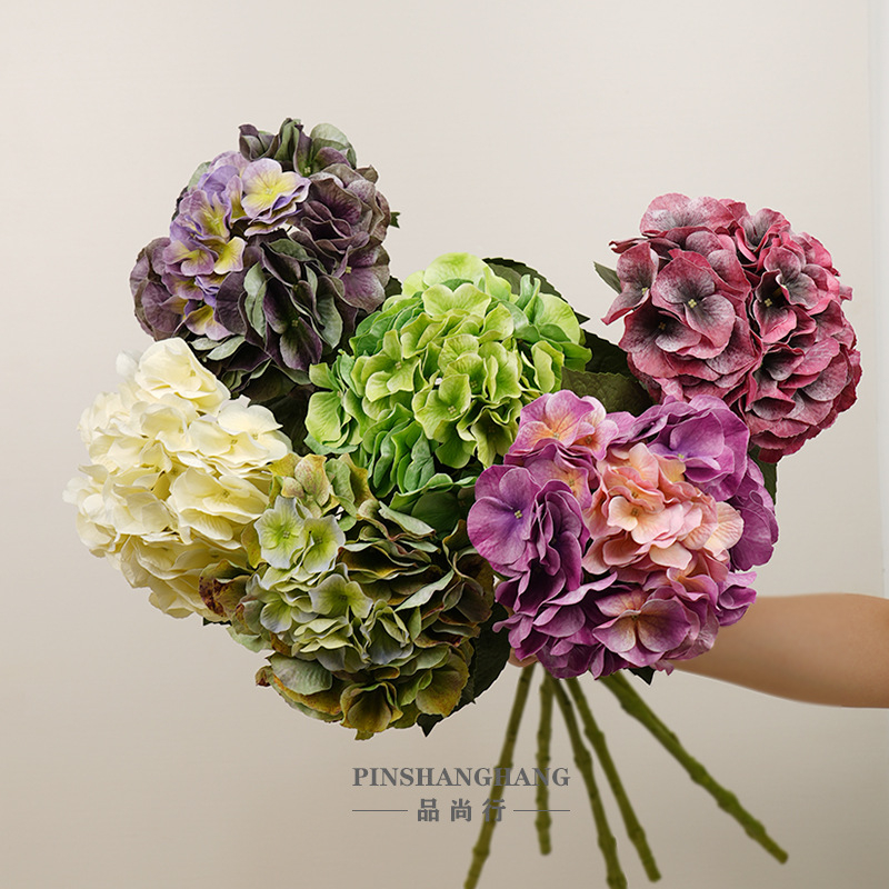 Artificial Vintage Hydrangea Bouquet, Faux Mixed Color Real Touch Hydrangea Bunch