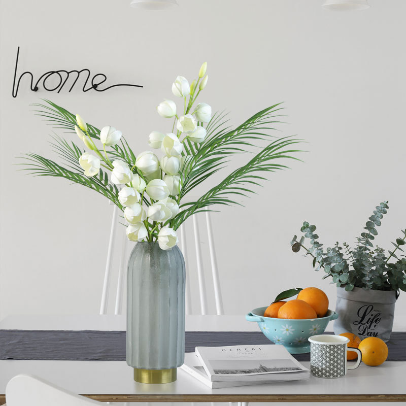 Artificial White Lily and Palm Leaf Bouquet, Faux Floral Table Centerpiece