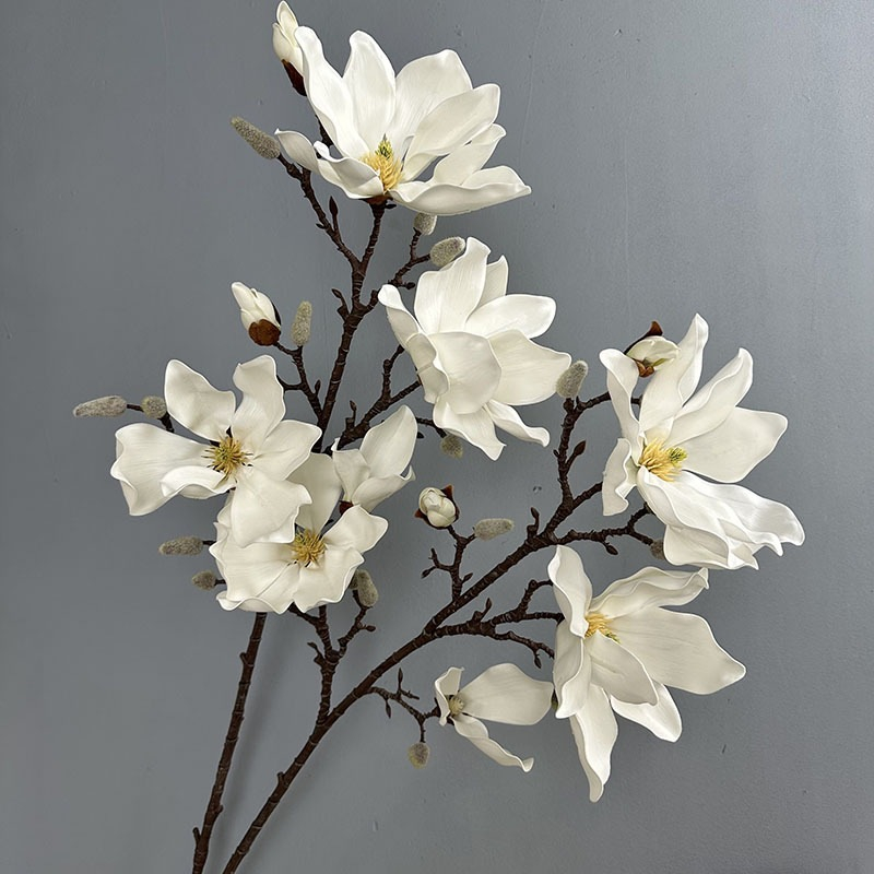 Artificial White Magnolia Branch, Faux Magnolia Stem with Fuzzy Buds