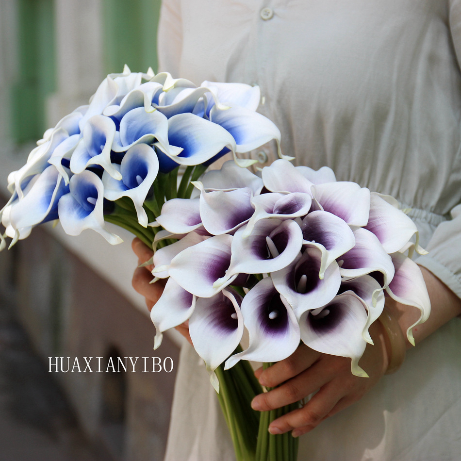 Gradient Blue Purple Calla Lily Fake Flower Bouquet, Ombre Color Artificial Calla Lily Stems for Vase