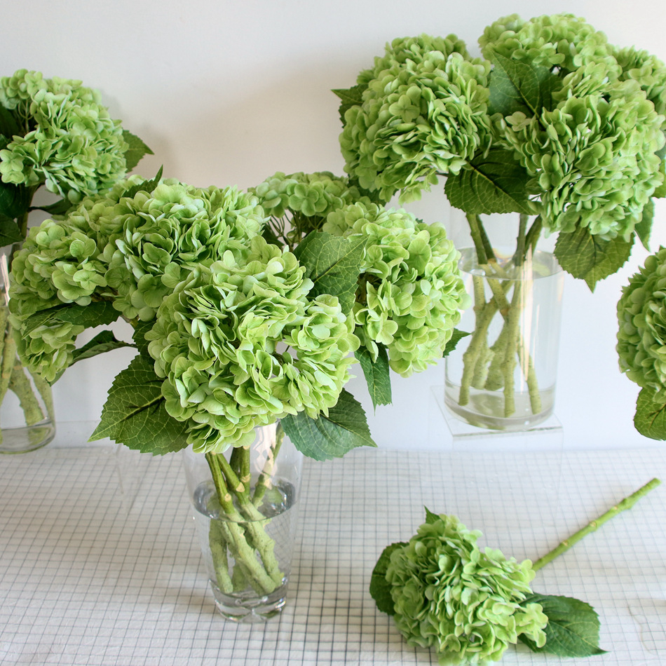 Green Hydrangea Artificial Flower, Fake Silk Hydrangea Bloom Stem for Home and Wedding Decor