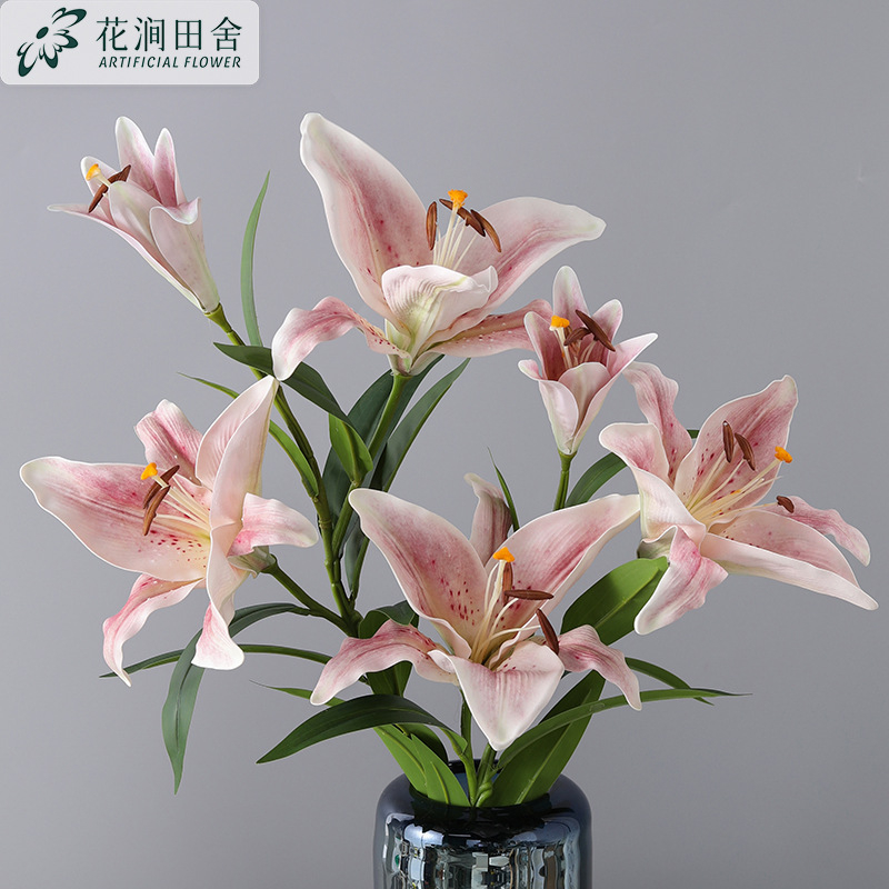 Blush Spotted Artificial Lily Stems, Large Real Touch Faux Oriental Lilies for Luxury Home Decor