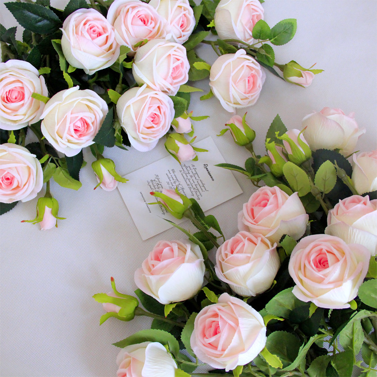 Blush Two Tone Artificial Rose Bouquet, Real Touch Faux Garden Roses for Wedding Decor