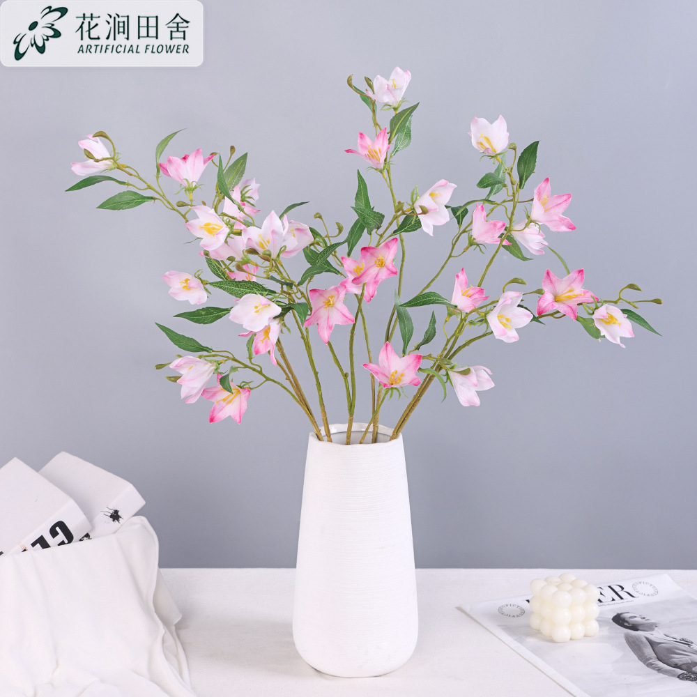 Blush White Ombre Artificial Bellflower Branches, Faux Campanula Twigs for Soft Pastel Decor