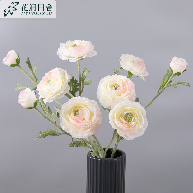 Cream Blush Artificial Ranunculus Stems, Soft Faux Pastel Buttercup for Bedroom Vase Decor