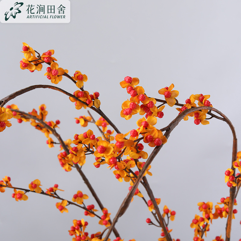 Autumn Orange Artificial Wintersweet Branches, Faux Plum Blossom Twigs with Red Berries for Fall Decor Wholesale