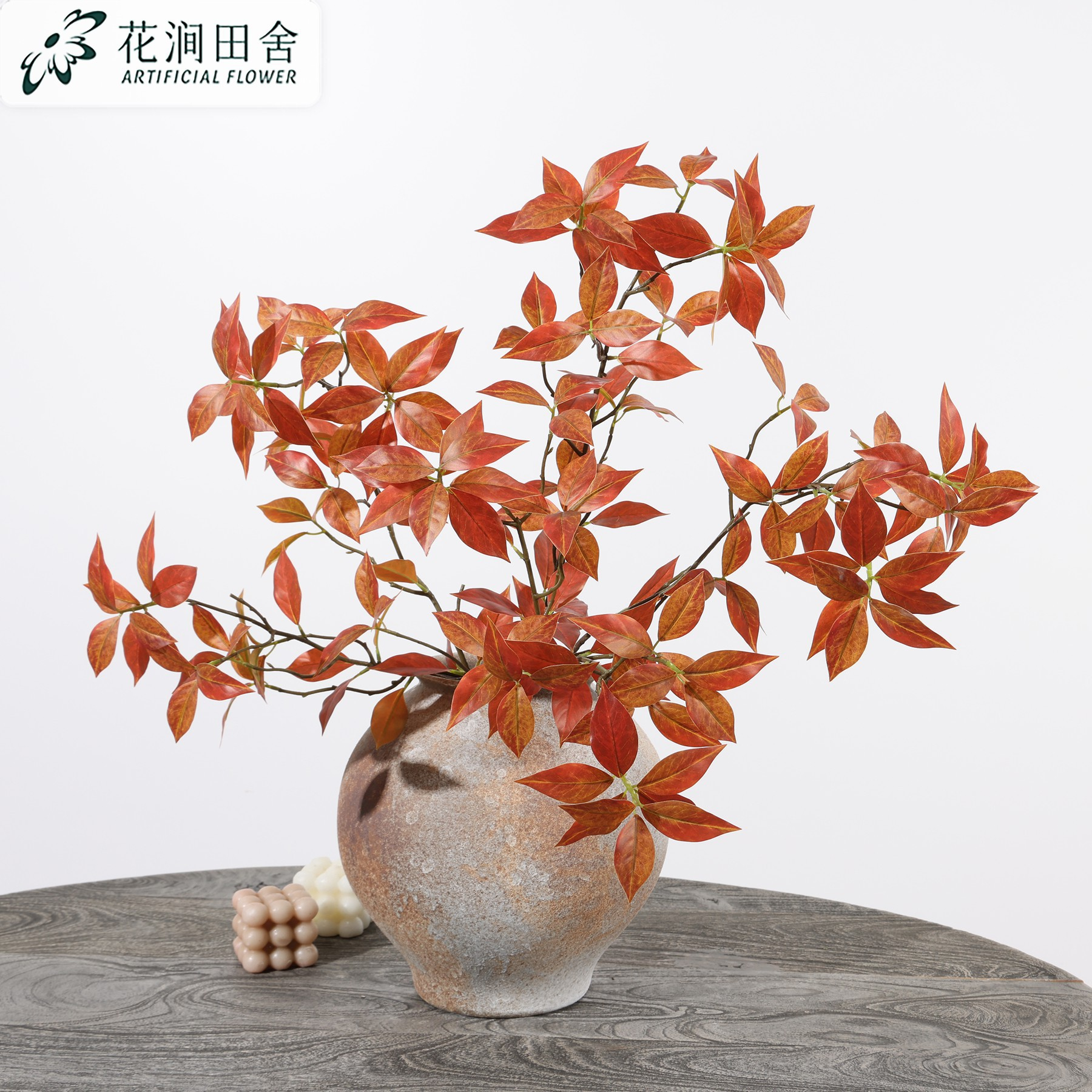 Autumn Orange Red Artificial Leaf Branches, Faux Fall Foliage Twigs for Wabi Sabi Seasonal Decor