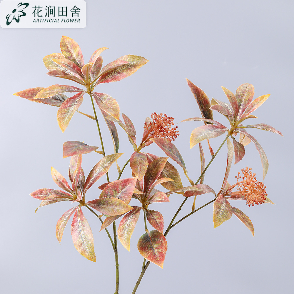 Autumn Tone Artificial Pieris Japonica Branches, Faux Red Orange Leaf Stems for Fall Arrangement