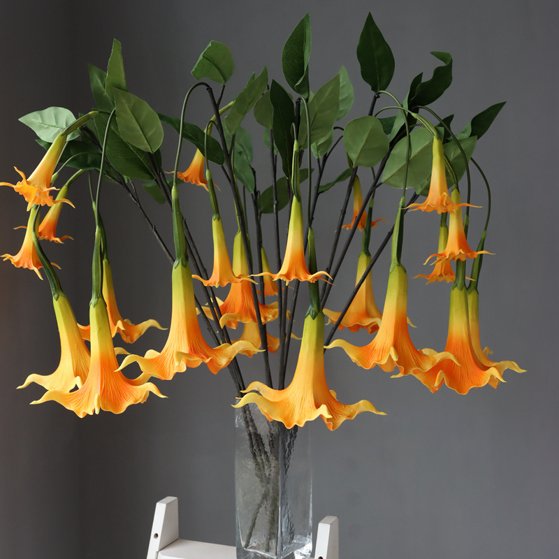 Orange Datura Artificial Flower Stem, Fake Trumpet Flower Branch for Dramatic Home and Event Decor