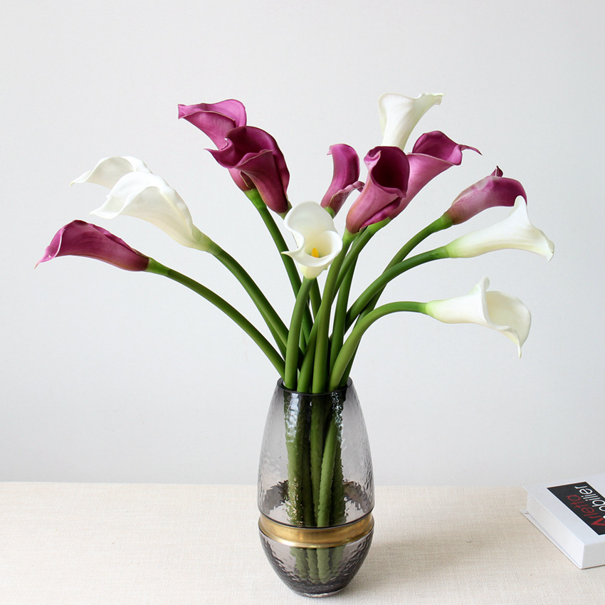 PU Calla Lily Artificial Flower, Purple and White Real Touch Calla Lily Stems for Wedding Bouquet