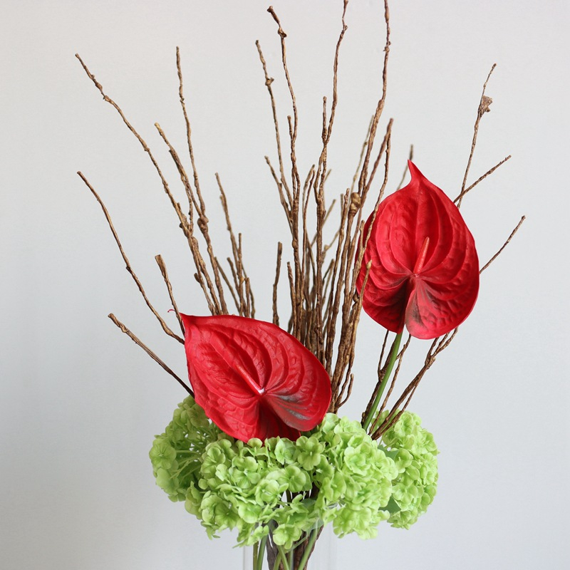 Red Anthurium Artificial Flower with Branches and Green Hydrangea, Tropical Bouquet Arrangement