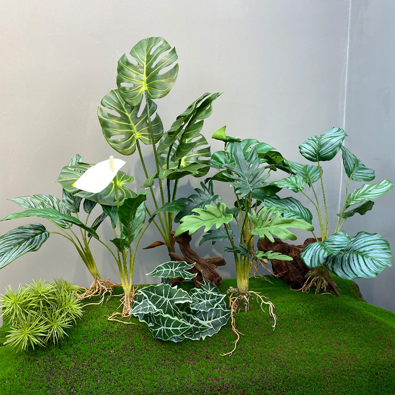Mini Tropical Micro Landscape Faux Monstera Tabletop Office Desk Shelf Decor With Moss Base