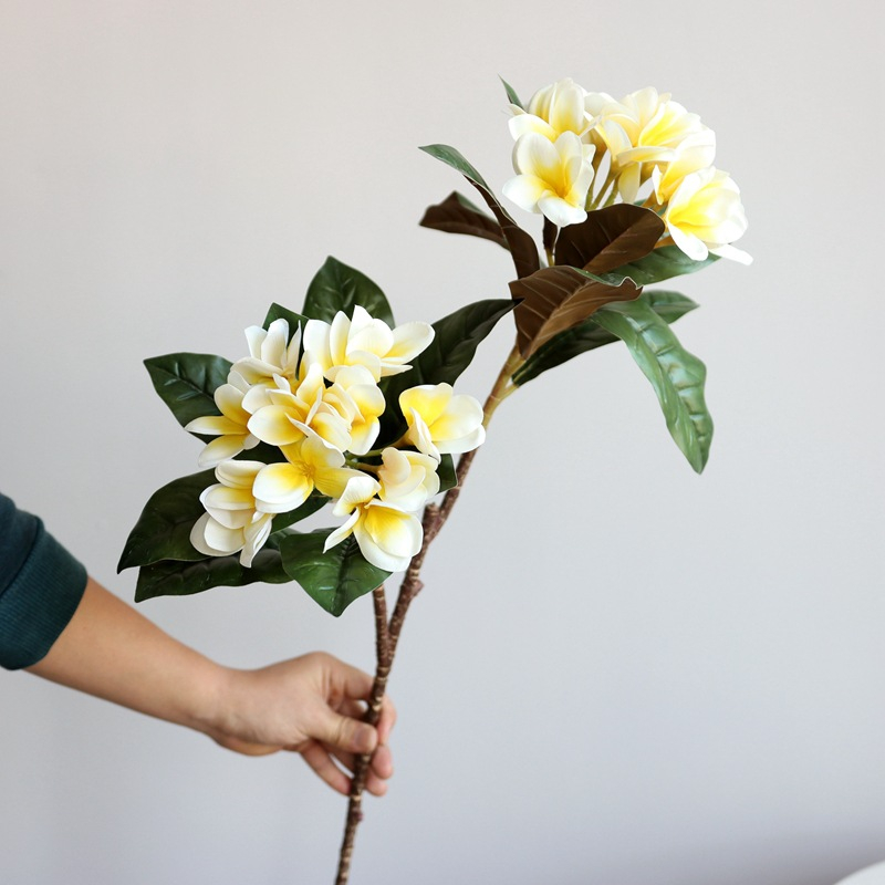 Yellow Plumeria Artificial Flower Branch, Fake Frangipani Stem for Tropical Home and Beach Decor